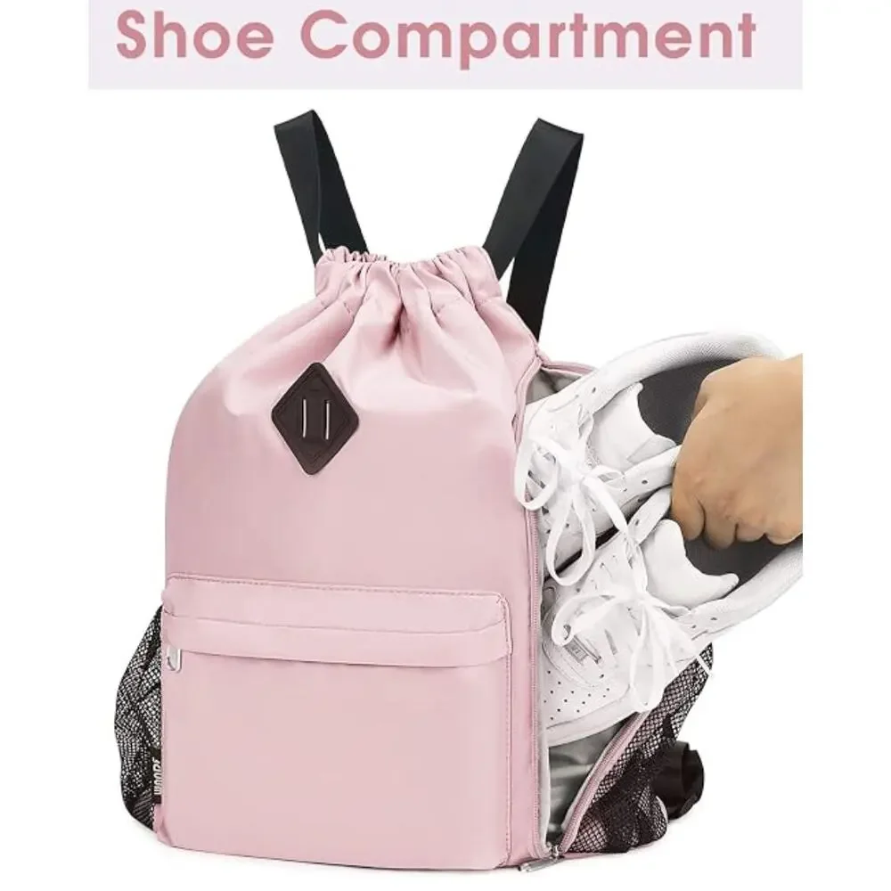 Drawstring Backpack with Shoe Compartment, Sports Gym Bag, Water-Resistant- Pink